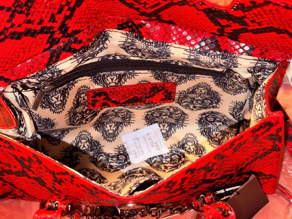 Ed Hardy Red Snake Satchel Crossbody Bag Snakeskin Print Purse NWT